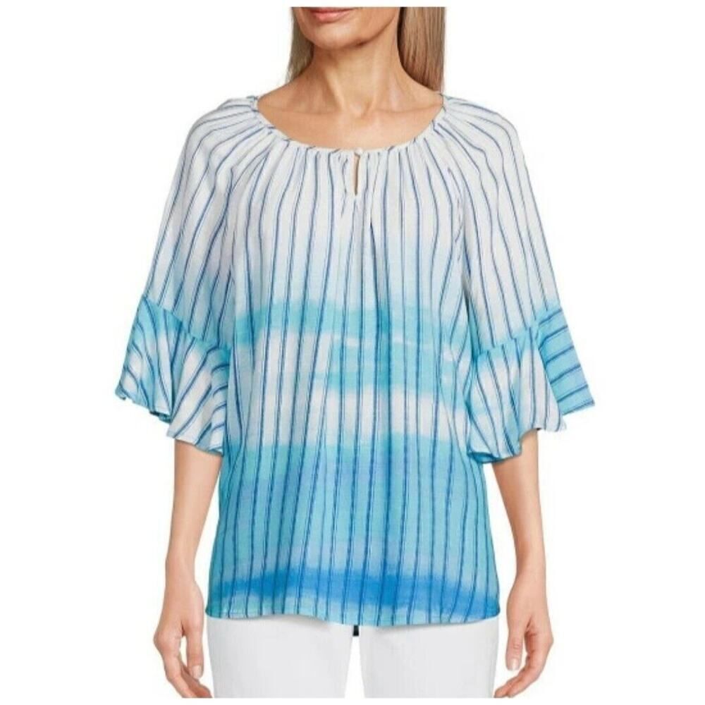 Allison Daley Petite Large Vertical Stripe Ombre Blue Print 3/4 Flutter Sleeve